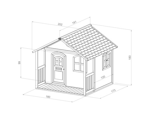 Dessin coté d''une cabane de jeu avec véranda, porte et fenêtres