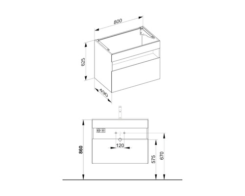 Schéma technique d''un meuble sous-vasque avec dimensions
