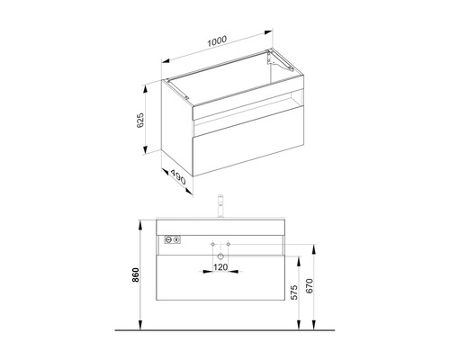 Schéma technique d''un meuble sous-vasque avec dimensions