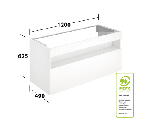 Waschbeckenunterschrank mit den Maßen 1200 x 625 x 490 mm und PEFC Siegel