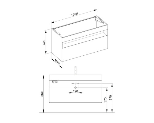 Technische Zeichnung eines Waschtischunterschranks mit Maßangaben