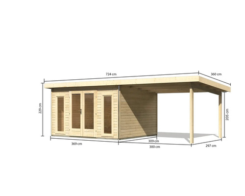 Abmessungen von Gartenhaus mit Carport aus Holz, 229 cm hoch, 724 cm breit