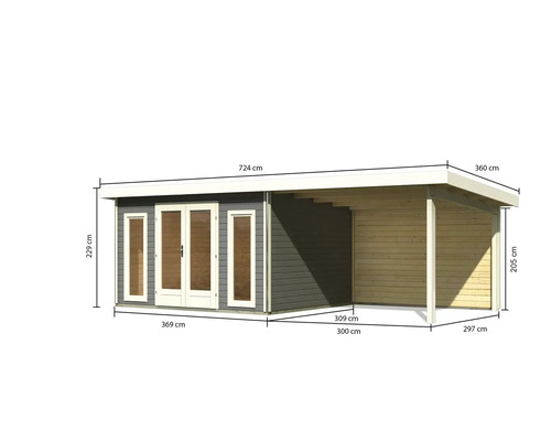 Abbildung eines Gartenhauses mit Carport und Maßangaben.