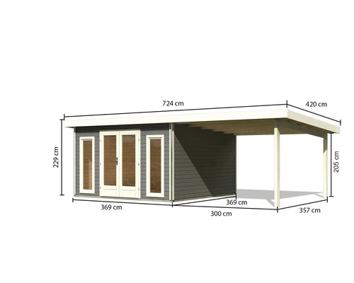 Image d''un abri de jardin avec carport et indications de dimensions.