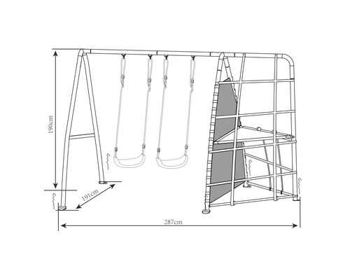 Schéma technique d''une aire de jeux avec deux balançoires et un mur d''escalade, dimensions : 190, 191 et 287 centimètres.