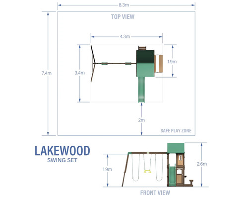 Vue de dessus et vue de face d''une balançoire Lakewood avec dimensions