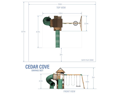 Vues et dimensions de l''ensemble de balançoires Cedar Cove