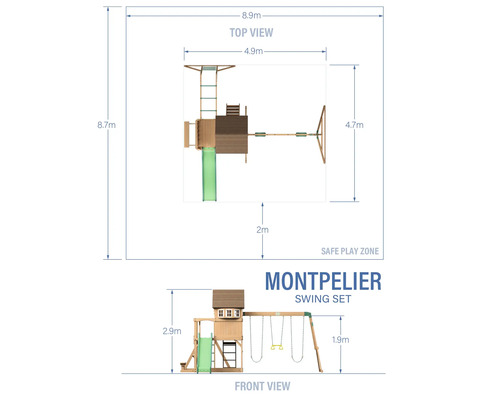 Dimensions du portique Montpelier, vue de dessus et vue de face