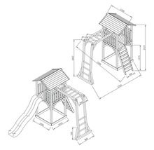 Dessin technique d''une tour de jeu avec toboggan et échelle d''escalade avec dimensions