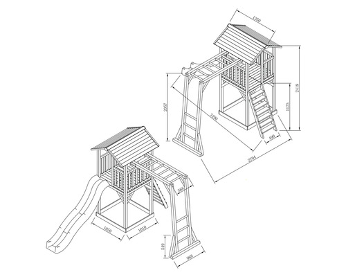 Dessin technique d''une tour de jeu avec toboggan et échelle d''escalade avec dimensions