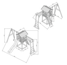 Dessin technique d''une tour de jeu avec toboggan et balançoire
