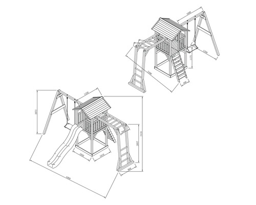 Technische Zeichnung eines Spielturms mit Schaukel und Rutsche mit Bemaßung