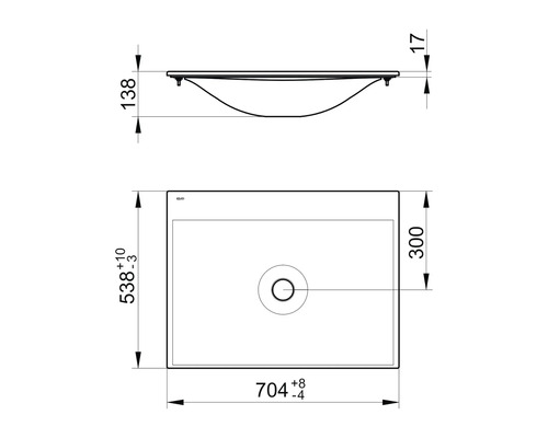 Technische Zeichnung eines Waschtisches mit Maßangaben.