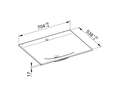 Technische Zeichnung eines Waschtisches mit Maßangaben
