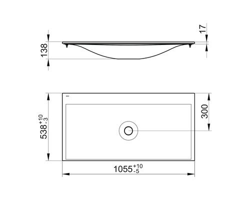 Technische Zeichnung eines Aufsatzwaschbeckens mit Maßangaben