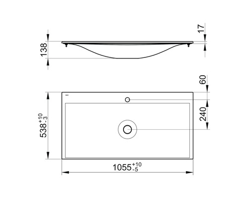Technische Zeichnung eines rechteckigen Waschtischs mit Maßangaben.