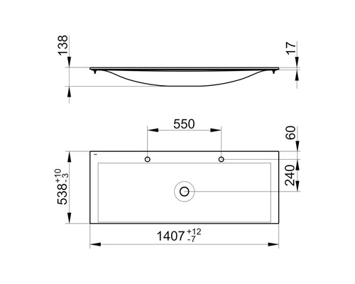 Technische Zeichnung eines Waschtisches mit Maßangaben