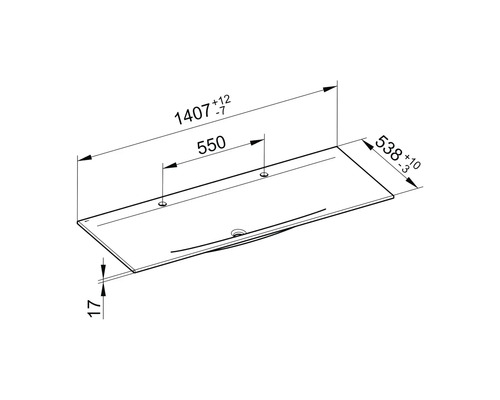 Technische Zeichnung eines Waschtisches mit Maßangaben