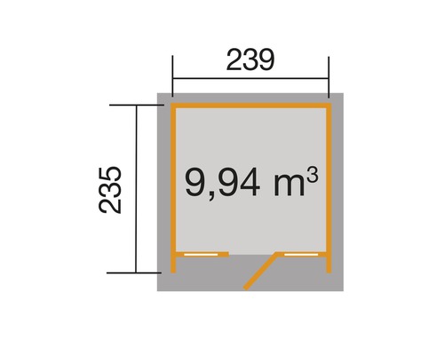 Grundrisszeichnung mit Maßangaben für ein Gartenhaus, Breite 239 Zentimeter, Tiefe 235 Zentimeter, Rauminhalt 9,94 Kubikmeter