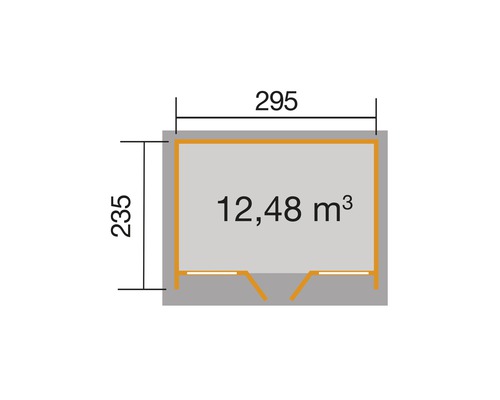 Grundriss mit Abmessungen: 295 cm Breite, 235 cm Tiefe, 12,48 Kubikmeter Rauminhalt