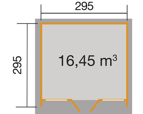Grundriss mit den Maßen 295 mal 295 Zentimeter und einem Volumen von 16,45 Kubikmeter