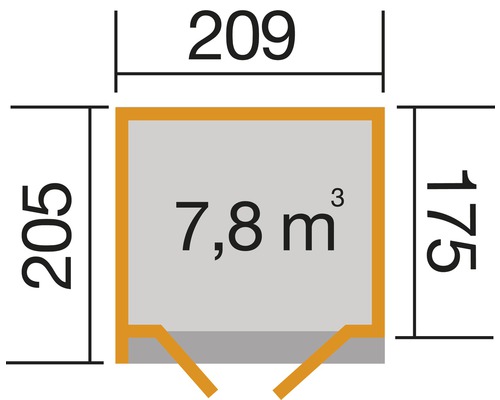 Abmessungen und Volumen des Produkts: 209 Zentimeter Breite, 205 Zentimeter Höhe, 175 Zentimeter Tiefe, 7,8 Kubikmeter Volumen