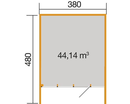 Grundriss mit Grössenangaben in Millimeter und Angabe des Volumens in Kubikmeter