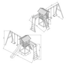 Dimensionsdarstellung eines Spielturms mit Schaukel und Rutsche