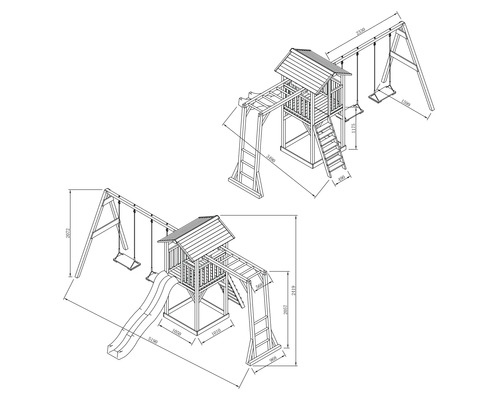 Technische Zeichnung eines Spielplatzes mit Schaukel, Kletterturm und Rutsche mit Maßangaben