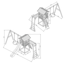 Schéma technique d''une tour de jeux avec balançoire et toboggan avec dimensions