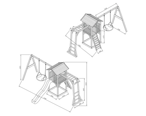 Zeichnung eines Spielturms mit Schaukel und Rutsche mit Maßangaben.
