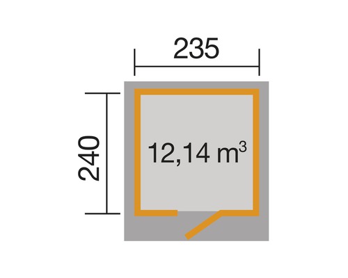 Plan avec les dimensions 235 x 240 et un volume de 12,14 mètres cubes