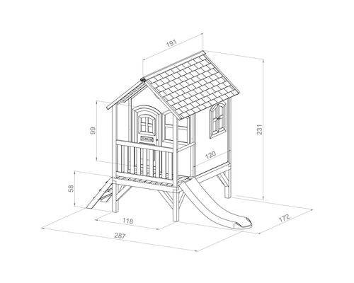 Schéma d''une cabane de jeu avec toboggan et dimensions