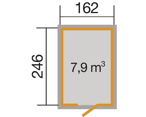 Dessin technique avec les dimensions 162 sur 246 et le volume 7,9 mètres cubes
