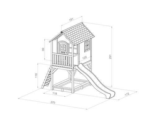 Dessin d''une cabane de jeux avec bac à sable et toboggan avec dimensions