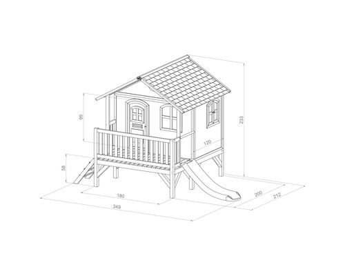 Schéma technique d''une cabane de jeux avec toboggan et dimensions
