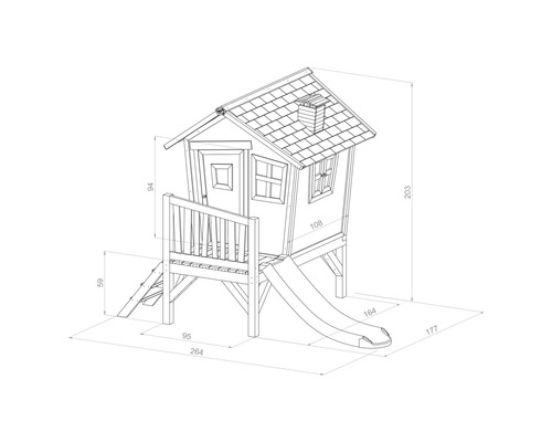 Technische Zeichnung eines Spielhauses mit Rutsche und Maßen.