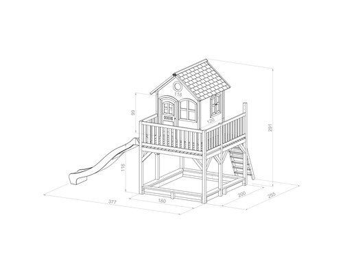 Illustration d''une cabane de jeux avec toboggan et dimensions
