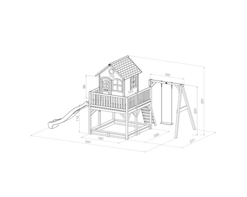 Dessin d''une cabane de jeu avec toboggan, balançoire et bac à sable avec indications de taille