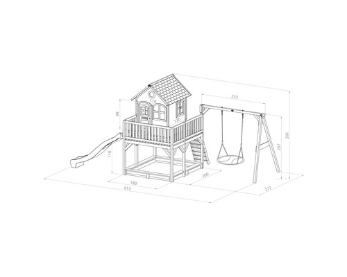 Schéma technique d''une cabane de jeux avec toboggan et balançoire pour le jardin avec dimensions