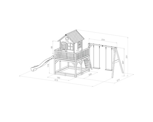 Dessin technique d''une cabane de jeu avec toboggan et balançoire avec dimensions