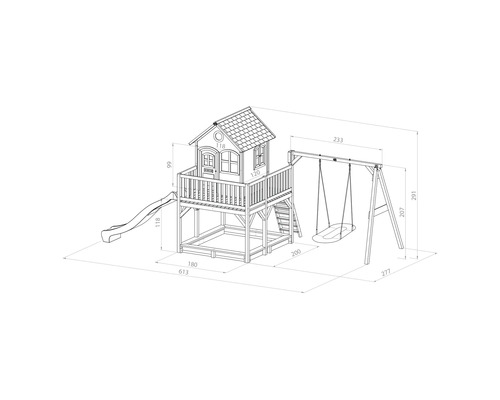 Illustration d''une cabane de jeu avec balançoire et toboggan avec des dimensions.