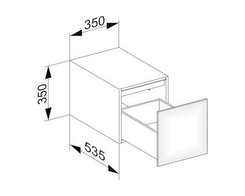 Dessin technique d''un meuble sous-lavabo avec tiroir et indications de dimensions.