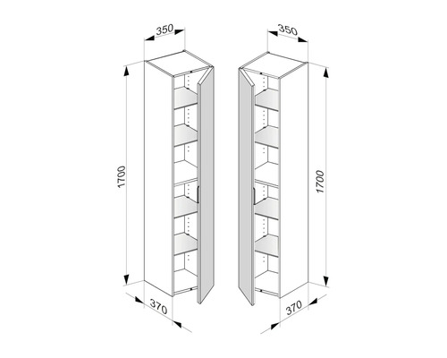 Technische Zeichnung von zwei Hochschränken mit Maßen.