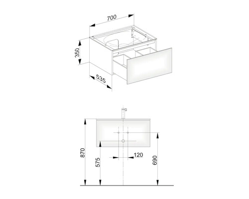 Schéma technique d''un meuble sous-lavabo avec dimensions