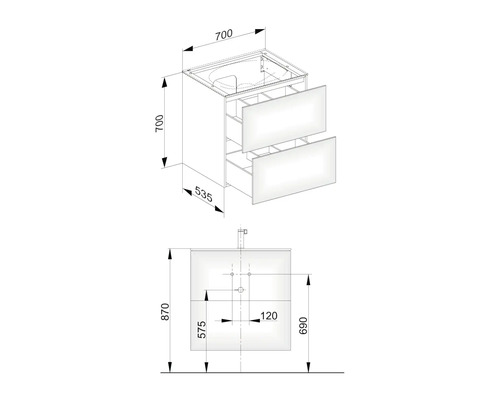 Dessin d''un meuble sous-lavabo avec dimensions