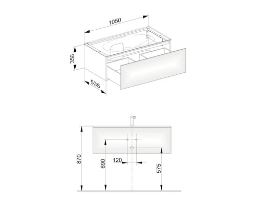 Schéma d''un meuble sous-vasque avec tiroirs et indications de dimensions
