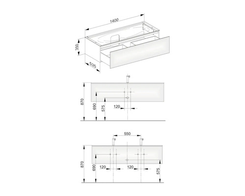 Technische Zeichnung eines Waschtischunterschranks mit Maßangaben