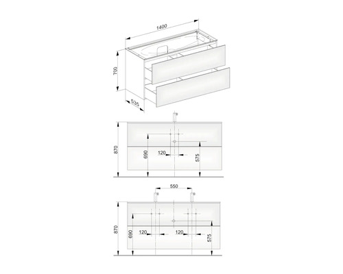 Technische Zeichnung eines Waschtischunterschranks mit Abmessungen
