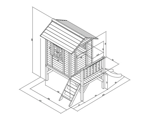 Dessin technique d''une cabane de jeu avec toboggan et escalier avec dimensions